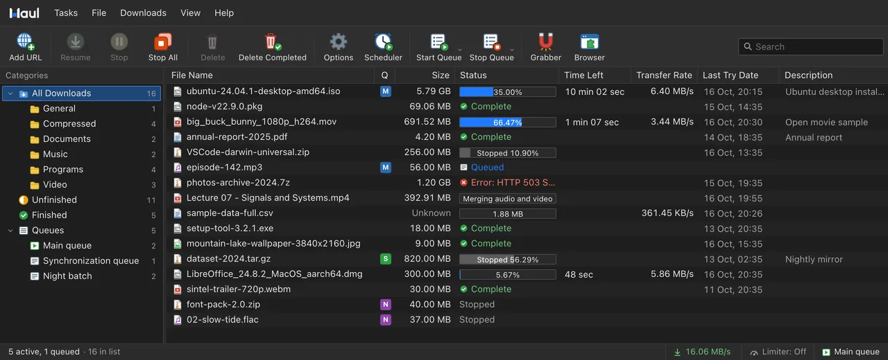 Haul's main window in the Dark theme: downloads in progress, finished, queued and stopped